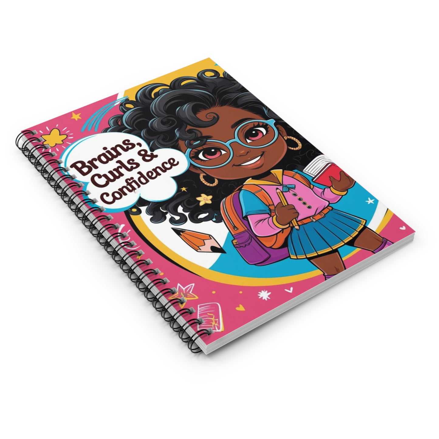 Spiral Notebook - Brains, Curls & Confidence, Cute Stationery Gift, Student Journal, Inspirational Writing, Back to School