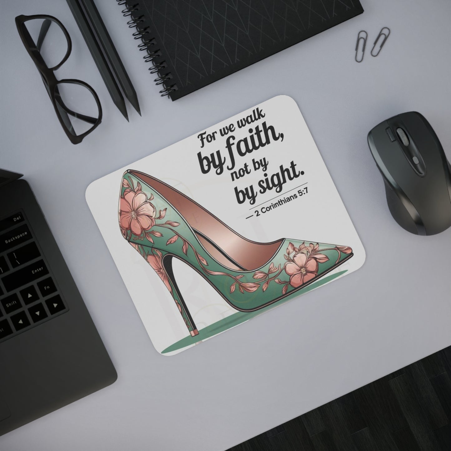 Floral High Heel Desk Mouse Pad - Inspirational Office Decor, Gift for Her, Christian Quote Mouse Pad, Elegant Home Office Accessory