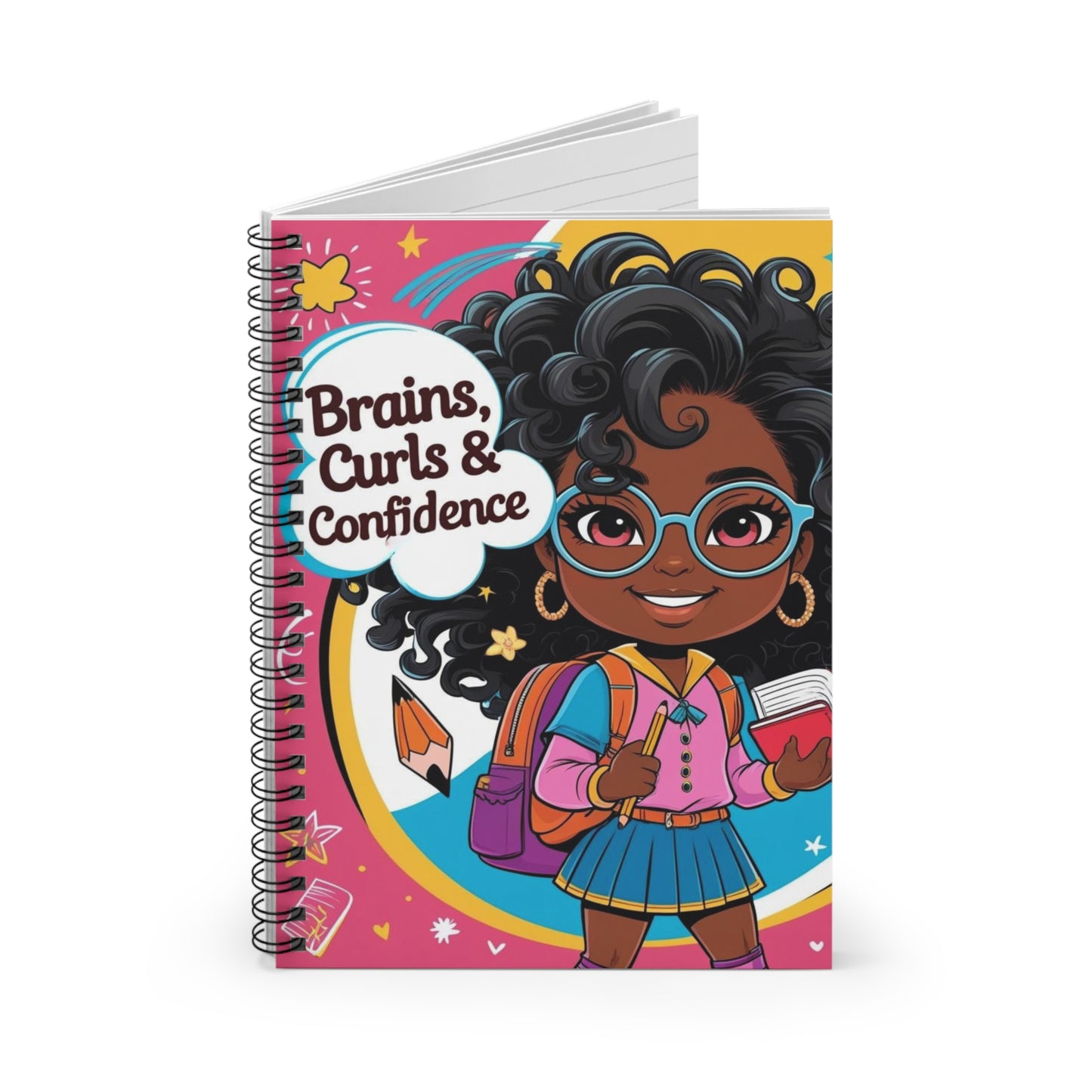 Spiral Notebook - Brains, Curls & Confidence, Cute Stationery Gift, Student Journal, Inspirational Writing, Back to School