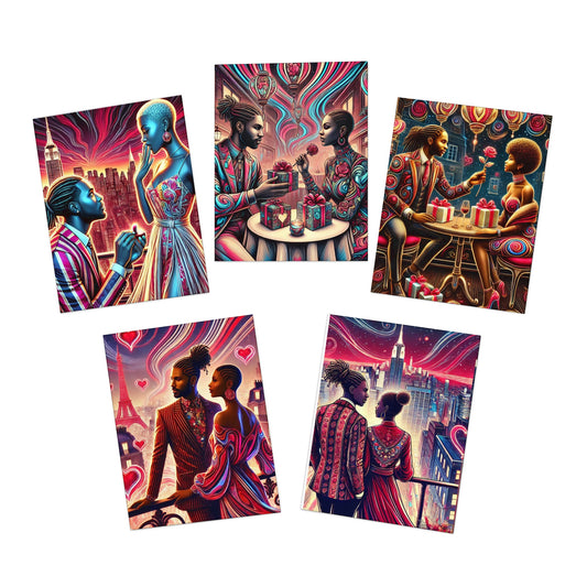 Greeting Cards, African American AI Inspired, Valentine's Day, Engagement, Sentimental, 5-Pack, Multi-Design, Stationery Set, Cards for Her,