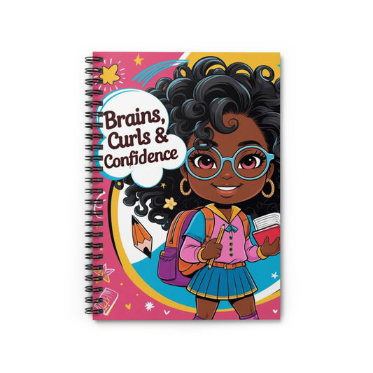 Spiral Notebook - Brains, Curls & Confidence, Cute Stationery Gift, Student Journal, Inspirational Writing, Back to School