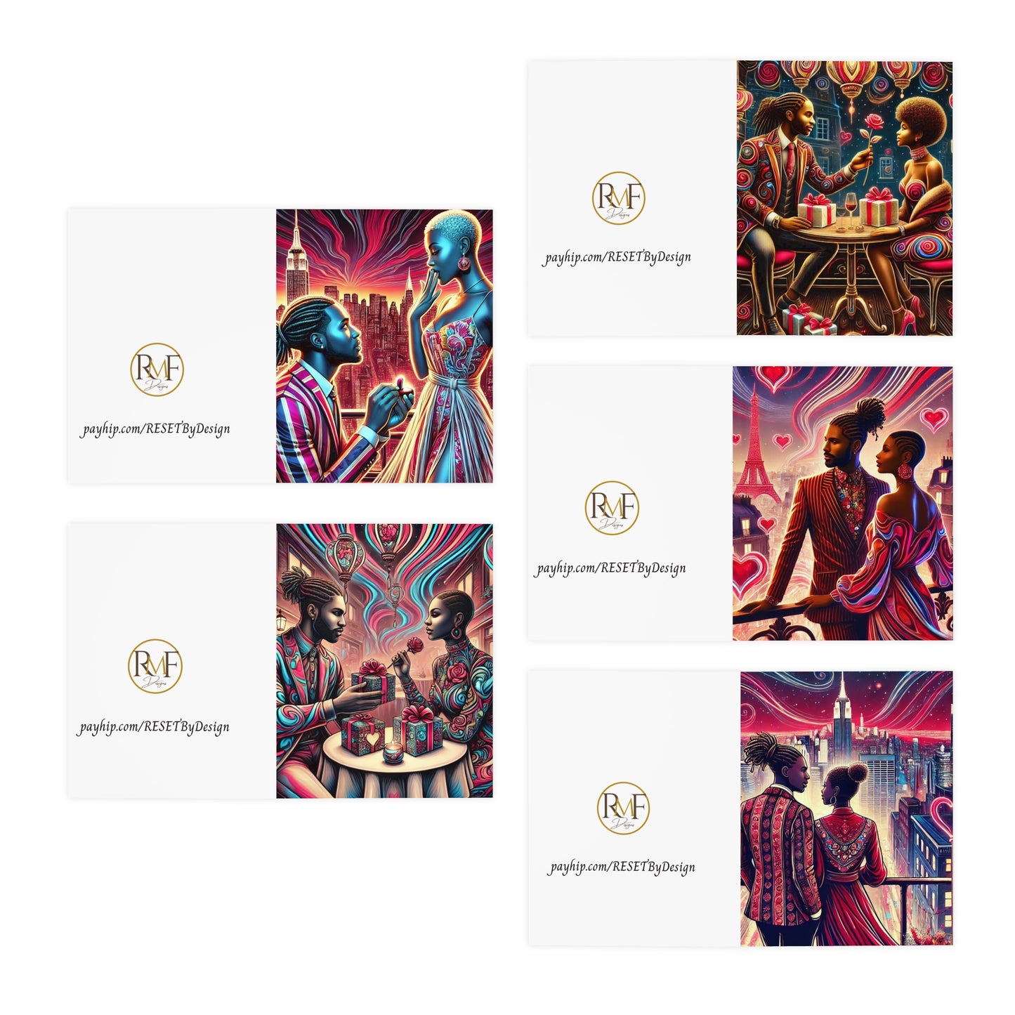 Greeting Cards, African American AI Inspired, Valentine's Day, Engagement, Sentimental, 5-Pack, Multi-Design, Stationery Set, Cards for Her,